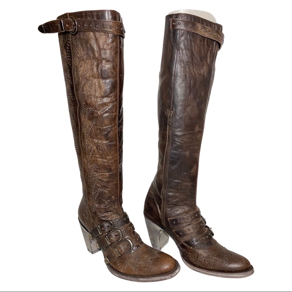OLD GRINGO ROXY HIGH 18" CHOCOLATE LEATHER BUCKLE STUDDED BOOT Size 7 NEW - Picture 4 of 10